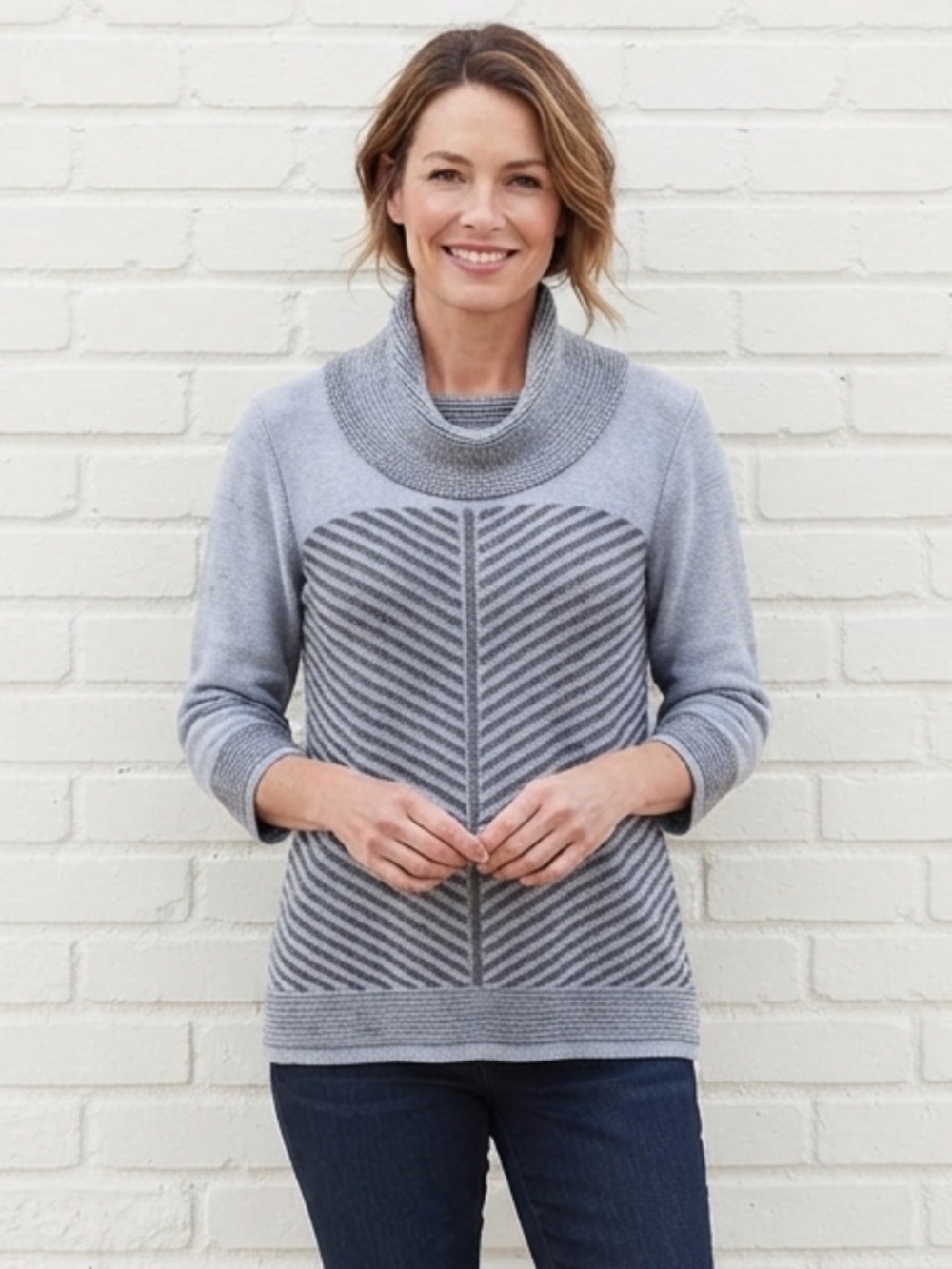Soft Knit Cowl Neck Geometric Chevron Sweater 3/4 Sleeve Extra Large
